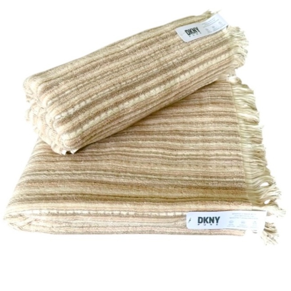 DKNY Cotton Bath Towels Set of 2 Beige Tan Fringe NEW